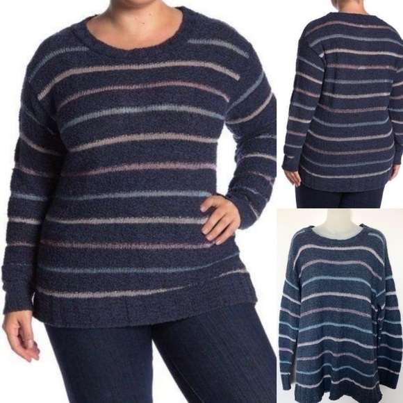 Susina Womens Navy Striped Crew Neck Plus Size Boucle Sweater Size 1X - Picture 1 of 7